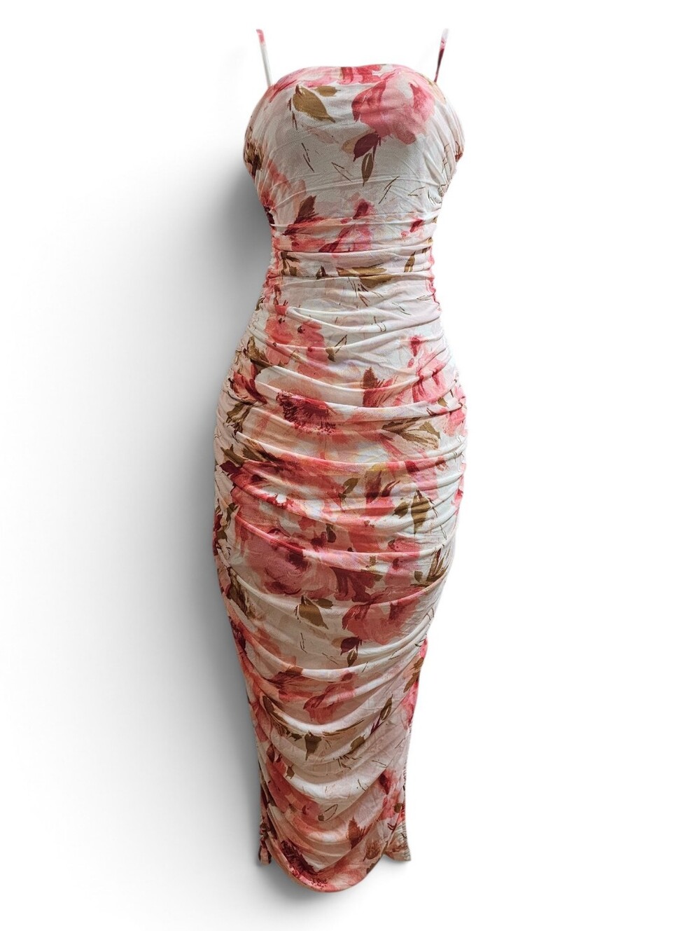 Windsor Floral Ruched Midi Dress in Pink and Cream Size Medium